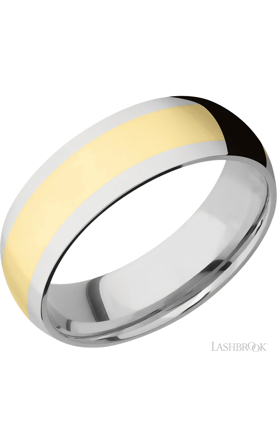 7 mm wide/Domed/14K White Gold band with one 4 mm Centered inlay of 14K Yellow Gold.