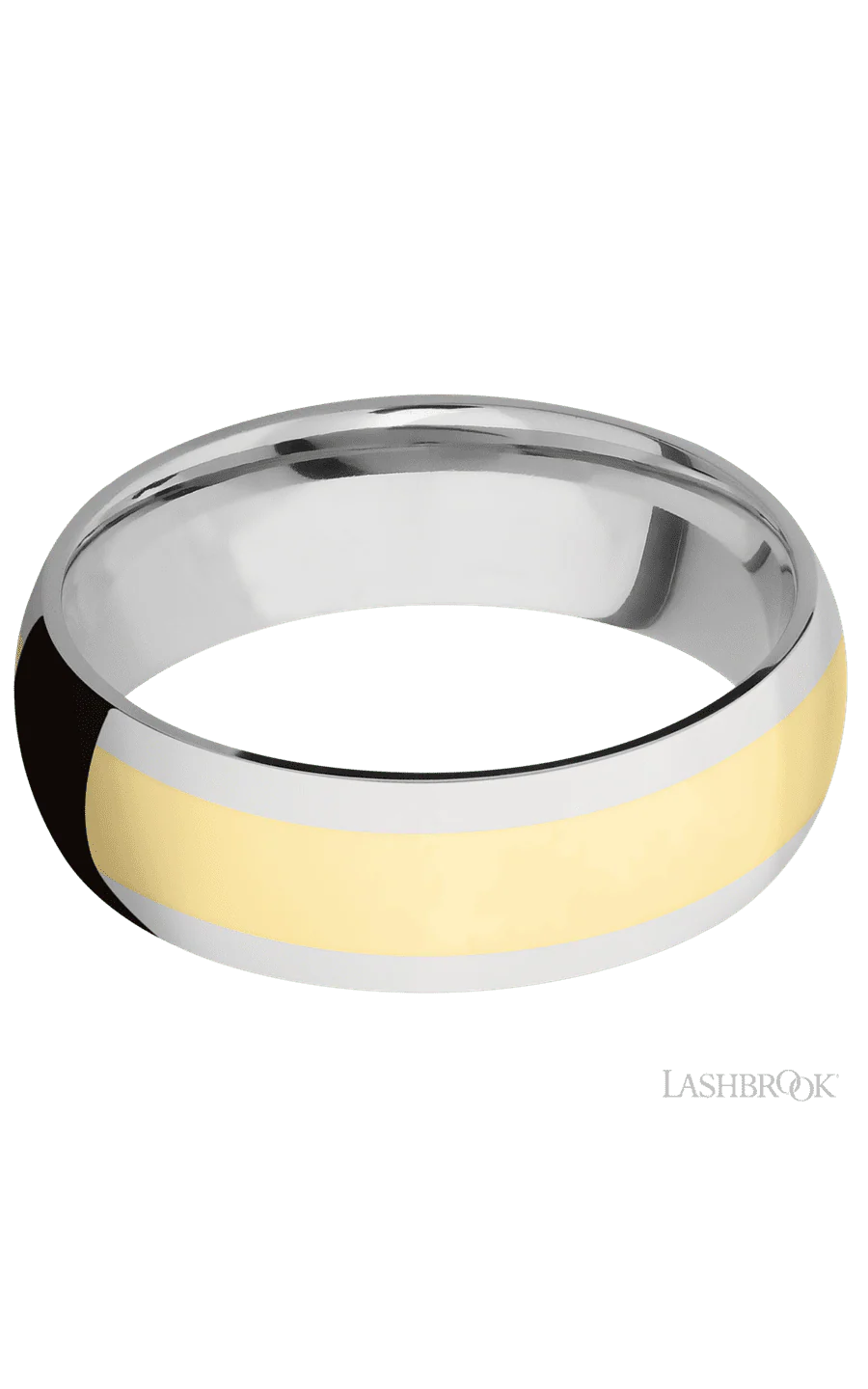 7 mm wide/Domed/14K White Gold band with one 4 mm Centered inlay of 14K Yellow Gold. - Image 3