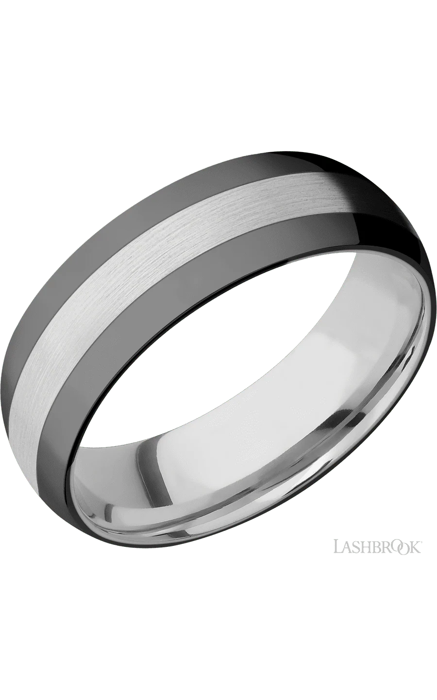 7 mm wide/Domed/Cobalt Chrome band with two 2 mm Double Off Center Edge inlays of Zirconium.