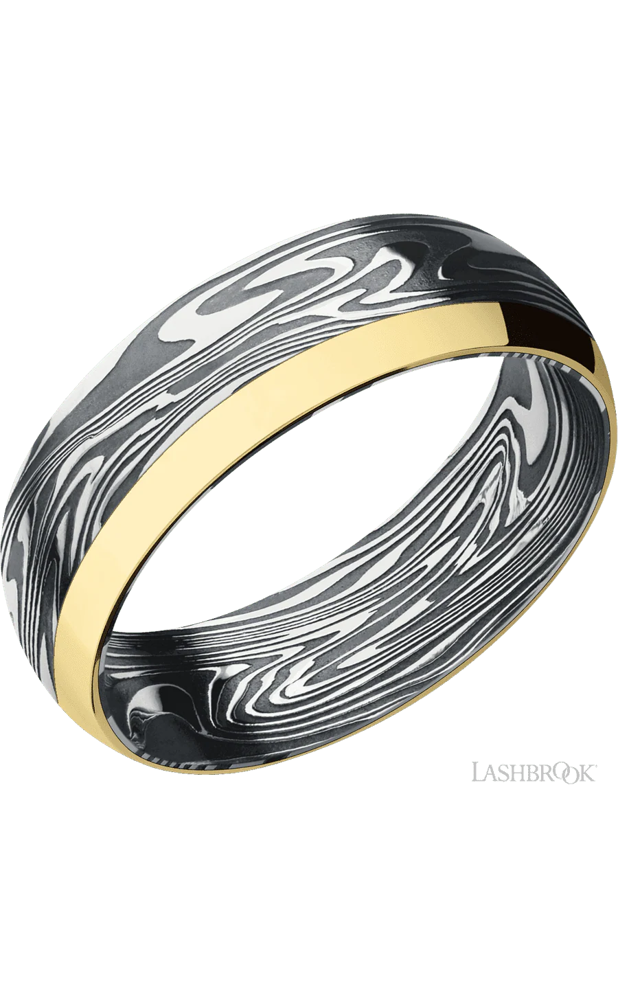7 mm wide/Domed/Kinetic band with one 2 mm Off Center Edge inlay of 14K Yellow Gold.