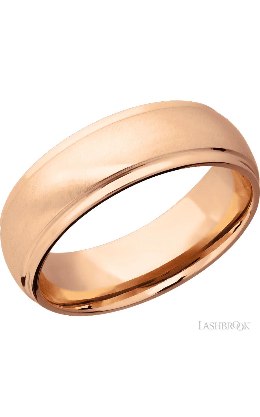 7 mm wide Domed Stepped Down Edges 14K Rose Gold band.