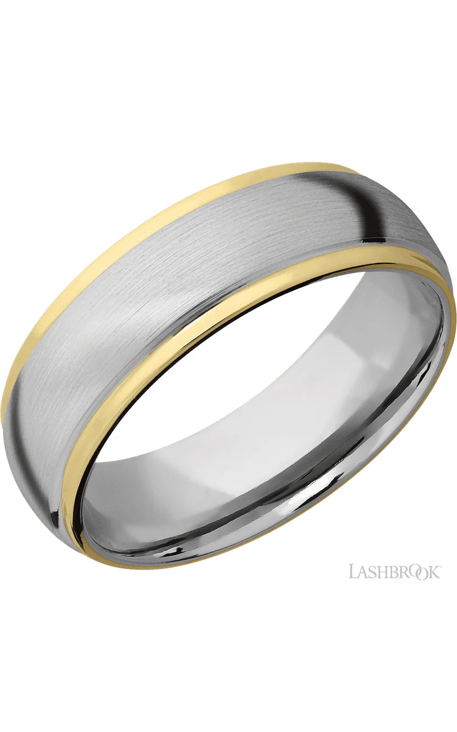 7 mm wide/Domed Stepped Down Edges/14K White Gold band with two 1 mm Edge inlays of 14K Yellow Gold.