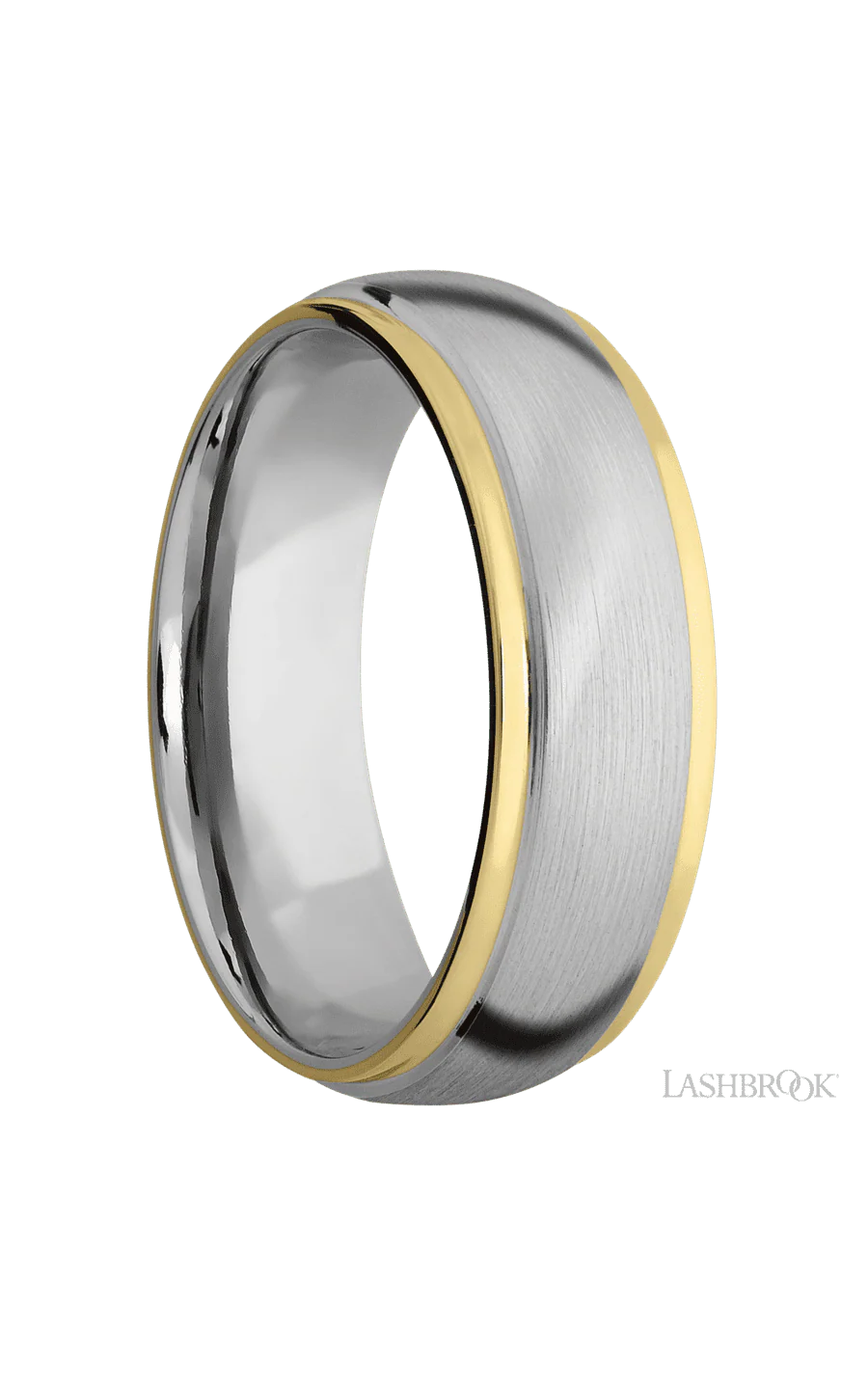 7 mm wide/Domed Stepped Down Edges/14K White Gold band with two 1 mm Edge inlays of 14K Yellow Gold. - Image 2