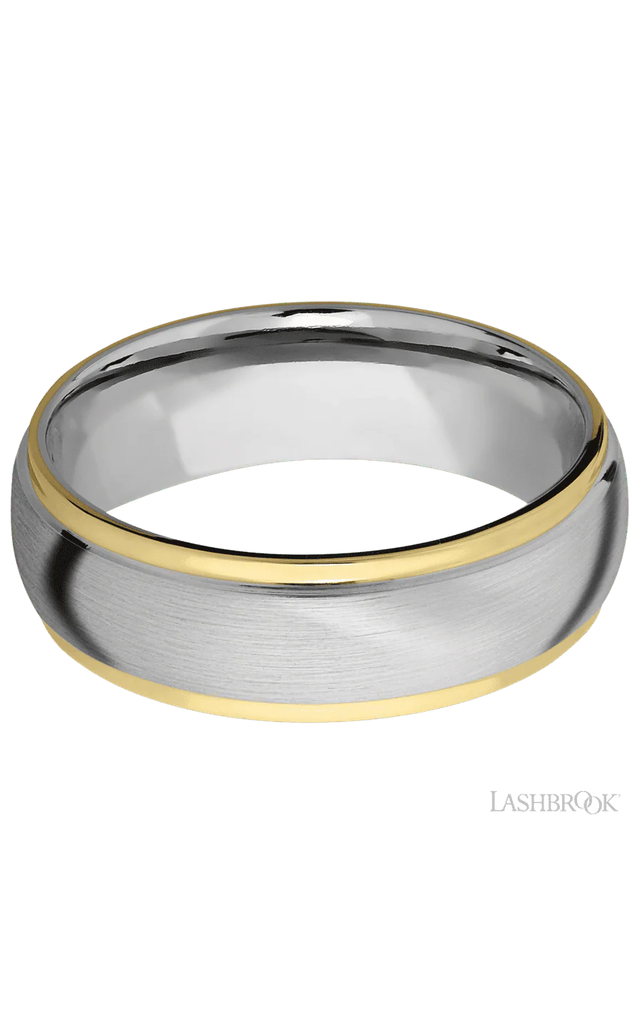7 mm wide/Domed Stepped Down Edges/14K White Gold band with two 1 mm Edge inlays of 14K Yellow Gold. - Image 3