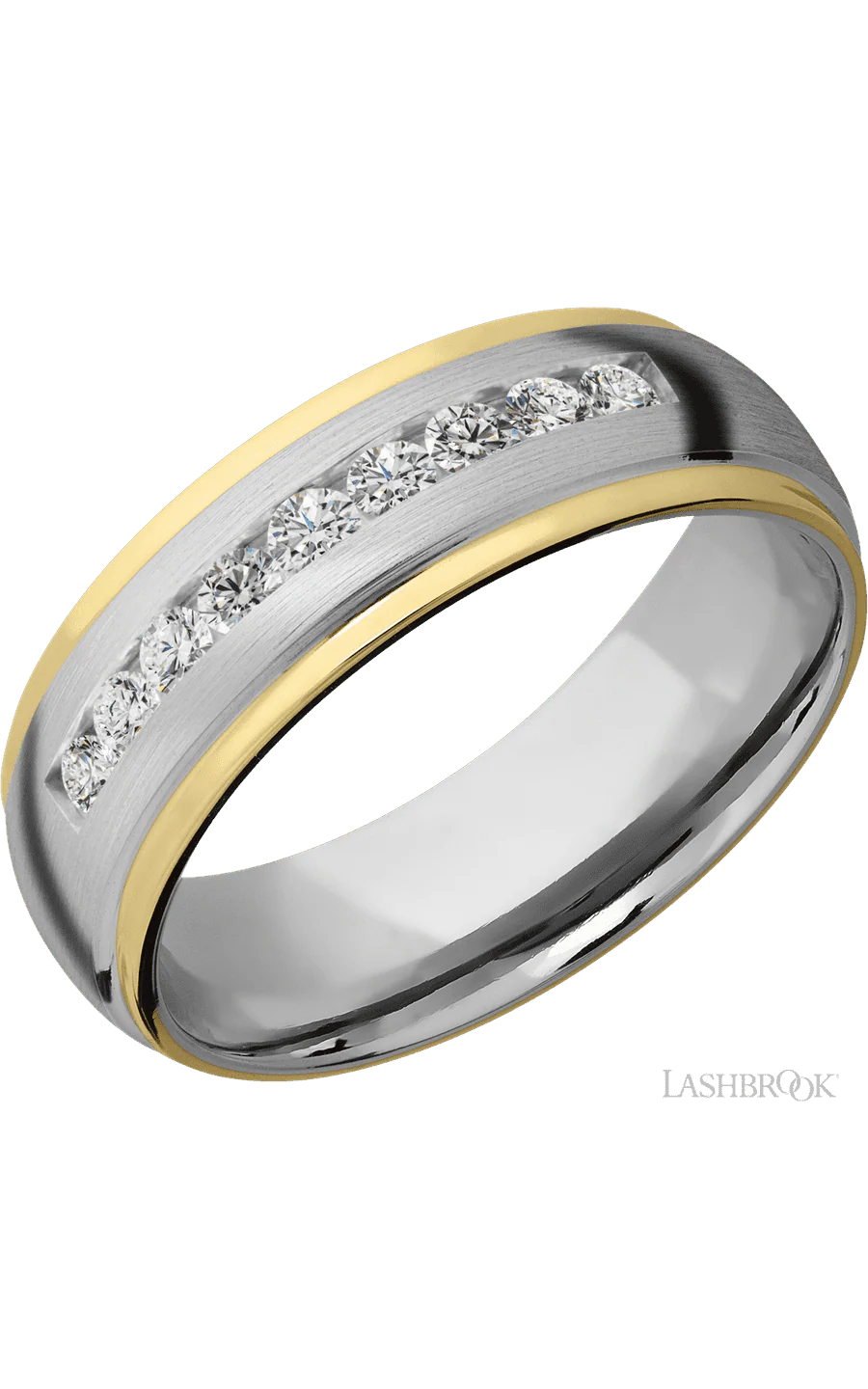 7 mm wide/Domed Stepped Down Edges/Cobalt Chrome band with an  arrangement of 9, .05 carat Round Lab Grown Diamond stones in a Channel setting and featuring two 1 mm Edge inlays of 14K Yellow Gold