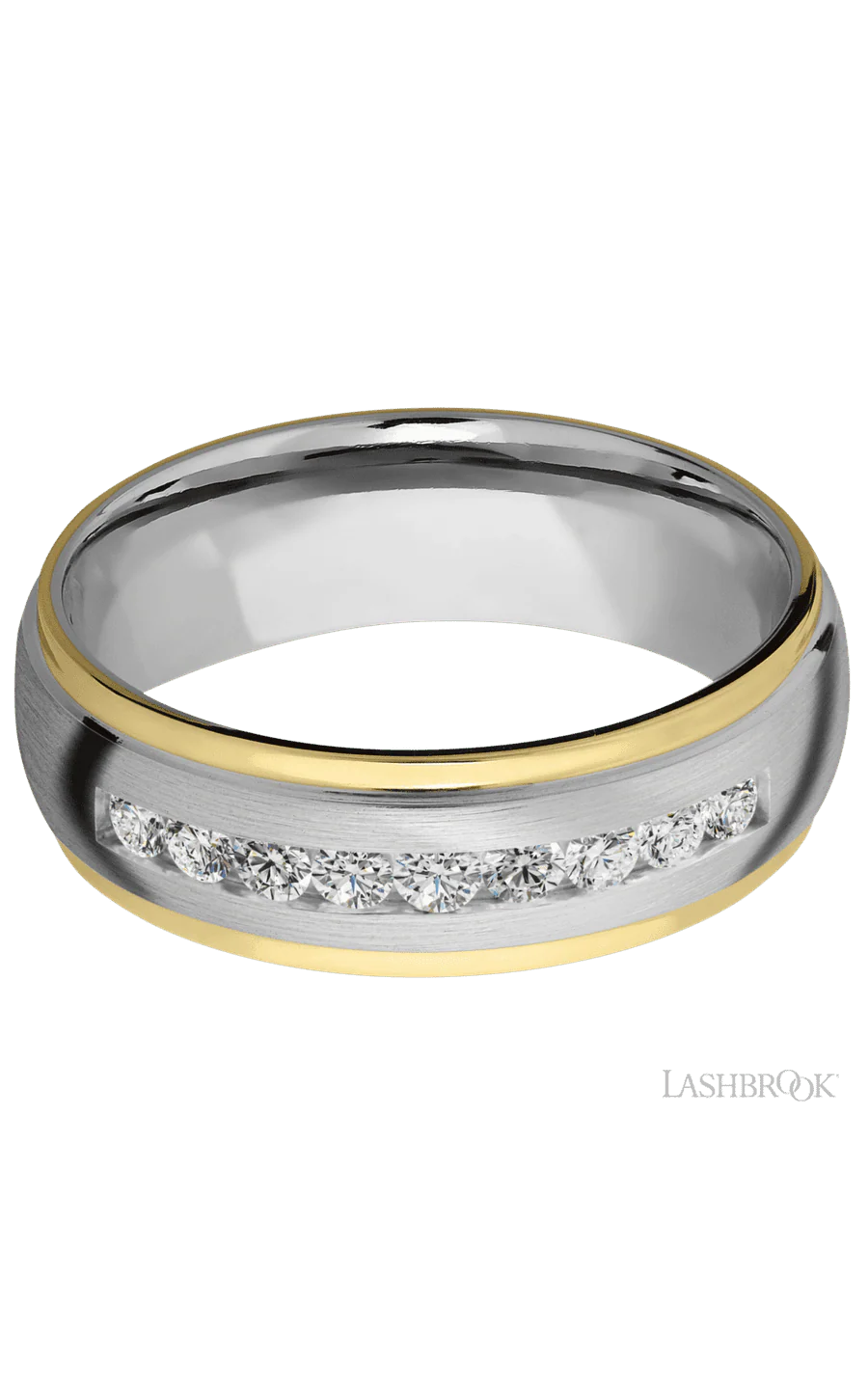 7 mm wide/Domed Stepped Down Edges/Cobalt Chrome band with an  arrangement of 9, .05 carat Round Lab Grown Diamond stones in a Channel setting and featuring two 1 mm Edge inlays of 14K Yellow Gold - Image 3