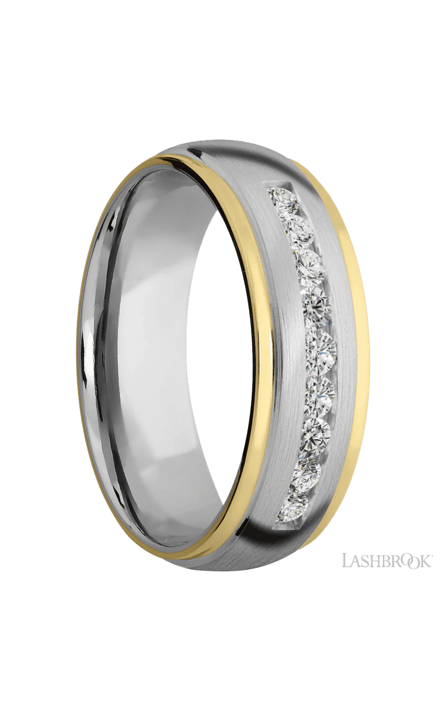 7 mm wide/Domed Stepped Down Edges/Cobalt Chrome band with  two 1 mm Edge inlays of 14K Yellow Gold and featuring an  arrangement of 9, .05 carat Round Diamond stones in a Channel setting - Image 2