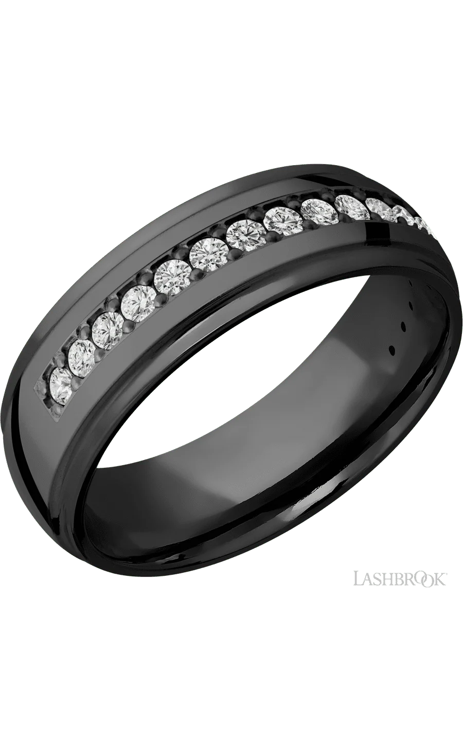 7 mm wide/Domed Stepped Down Edges/Zirconium band with a Half Eternity arrangement of .03 carat Round Diamond stones in a Bead setting.