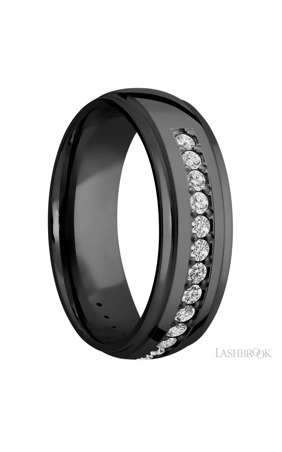 7 mm wide/Domed Stepped Down Edges/Zirconium band with a Half Eternity arrangement of .03 carat Round Diamond stones in a Bead setting. - Image 2