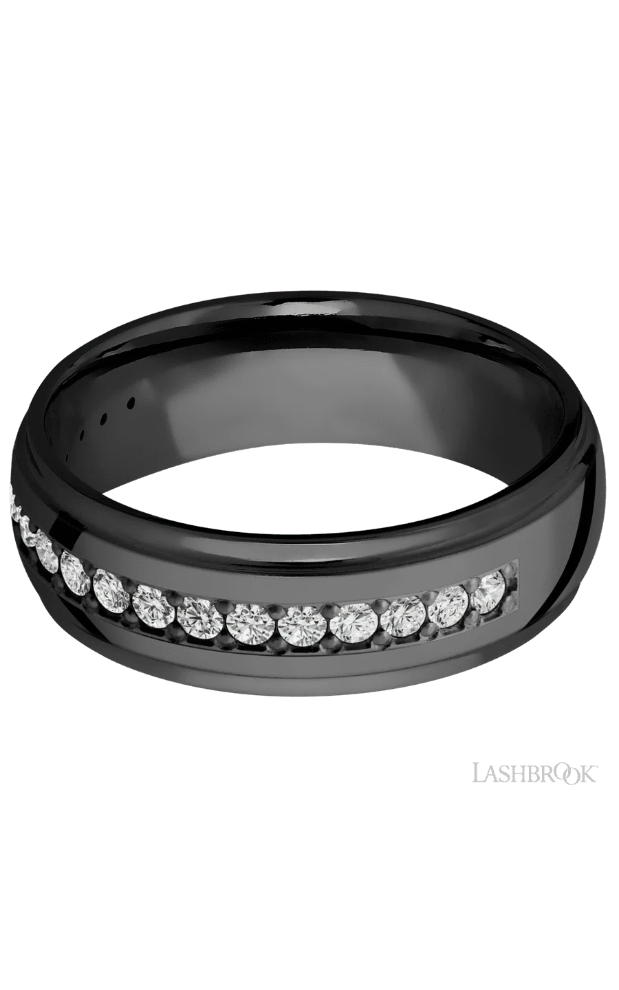 7 mm wide/Domed Stepped Down Edges/Zirconium band with a Half Eternity arrangement of .03 carat Round Diamond stones in a Bead setting. - Image 3