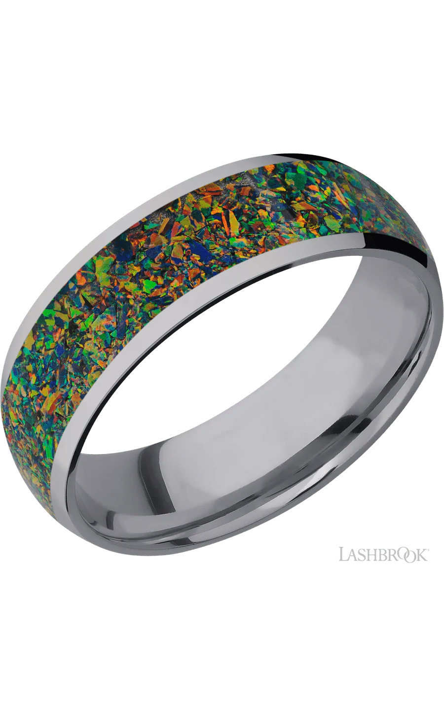7 mm wide/Domed/Tantalum band with one 5 mm Centered inlay of Black Opal.