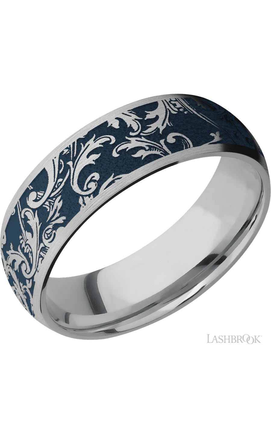 7 mm wide/Domed/Titanium band with a laser carved Black Leaf pattern.