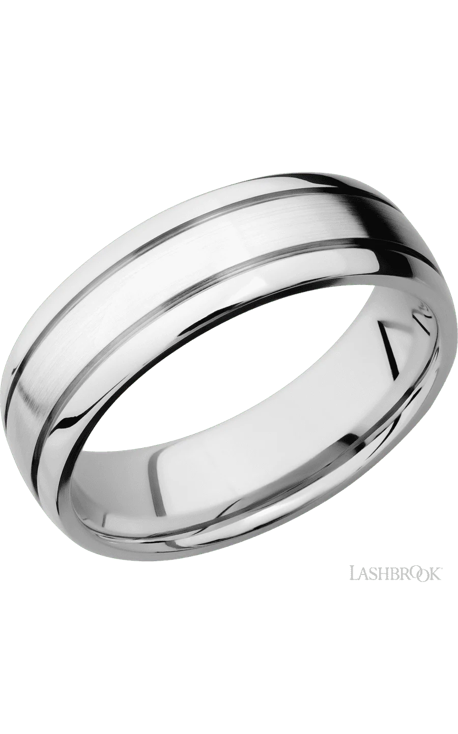 7 mm wide Domed with two accent grooves 14K White Gold band.