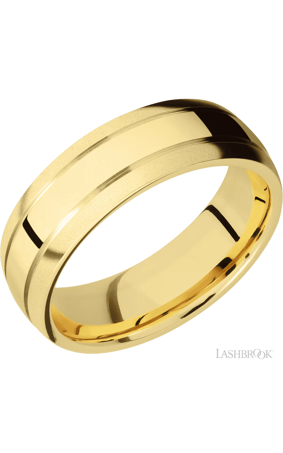 7 mm wide Domed with two accent grooves 14K Yellow Gold band.