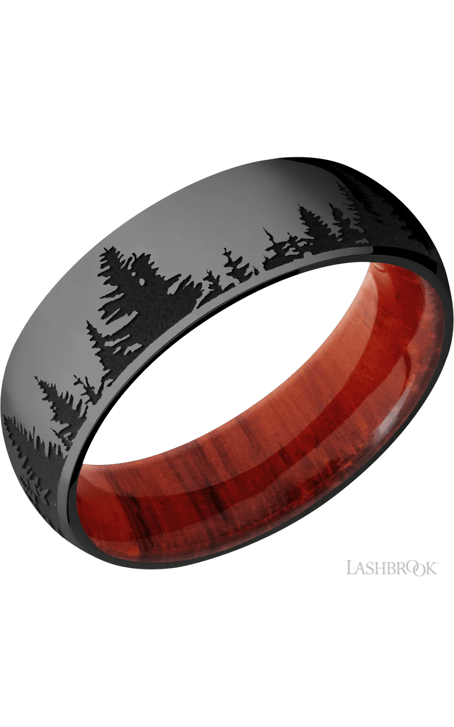 7 mm wide/Domed/Zirconium band with a laser carved Trees pattern also featuring a Padauk sleeve.