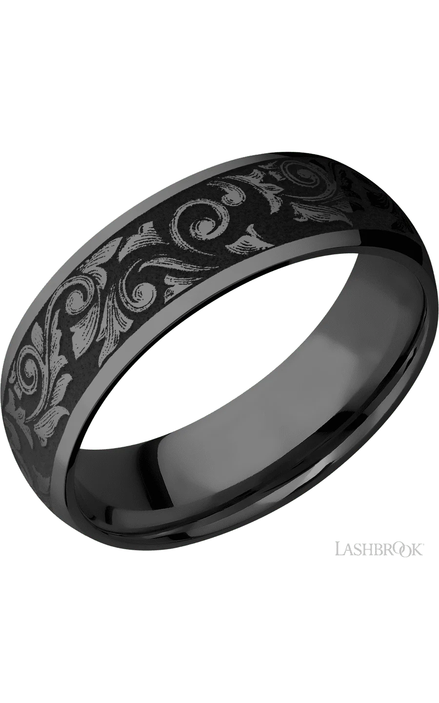 7 mm wide/Domed/Zirconium band with a laser carved Western Scroll pattern.