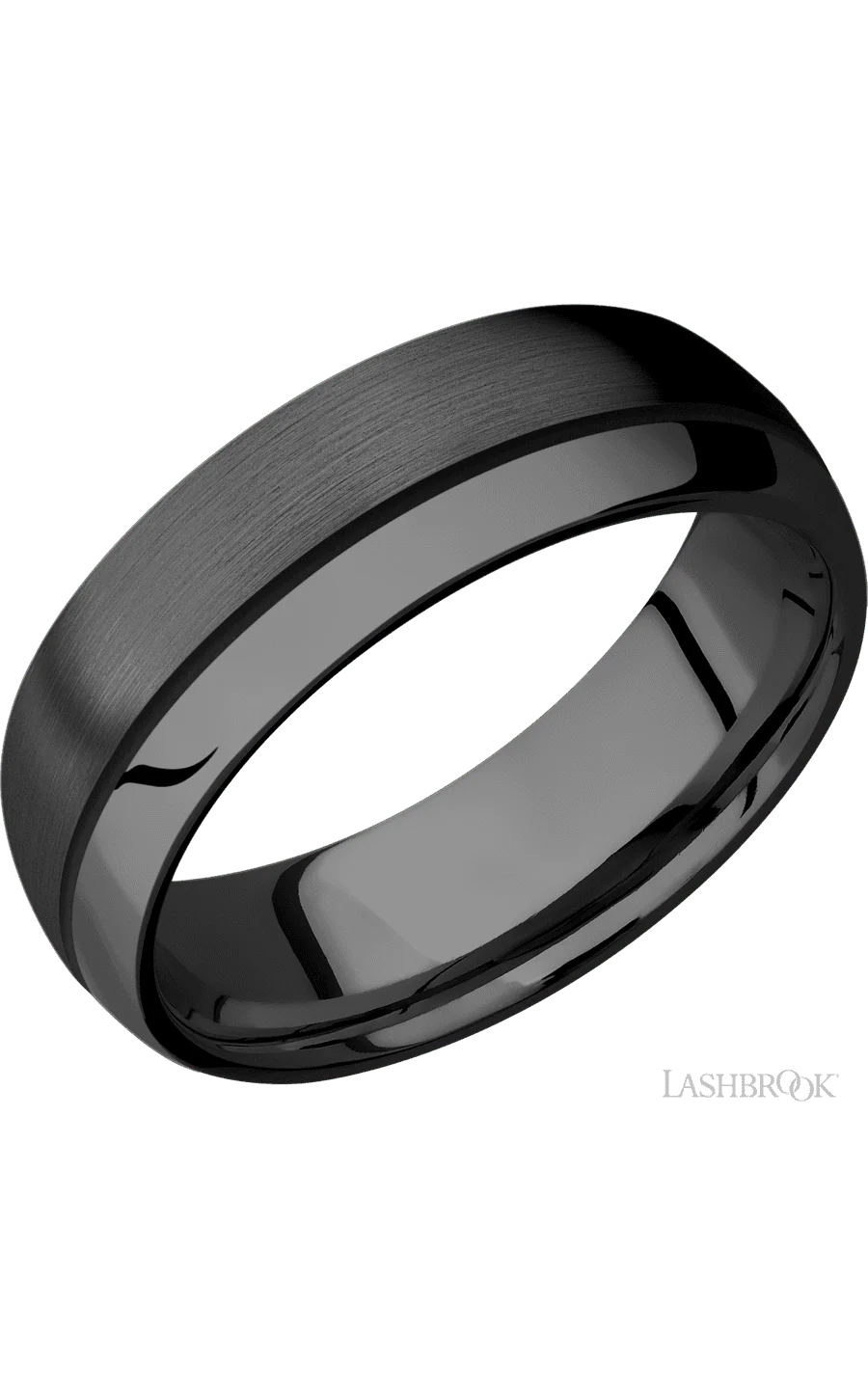 7 mm wide/Domed/Zirconium band with one 0.5 mm Off Center inlay of Black.