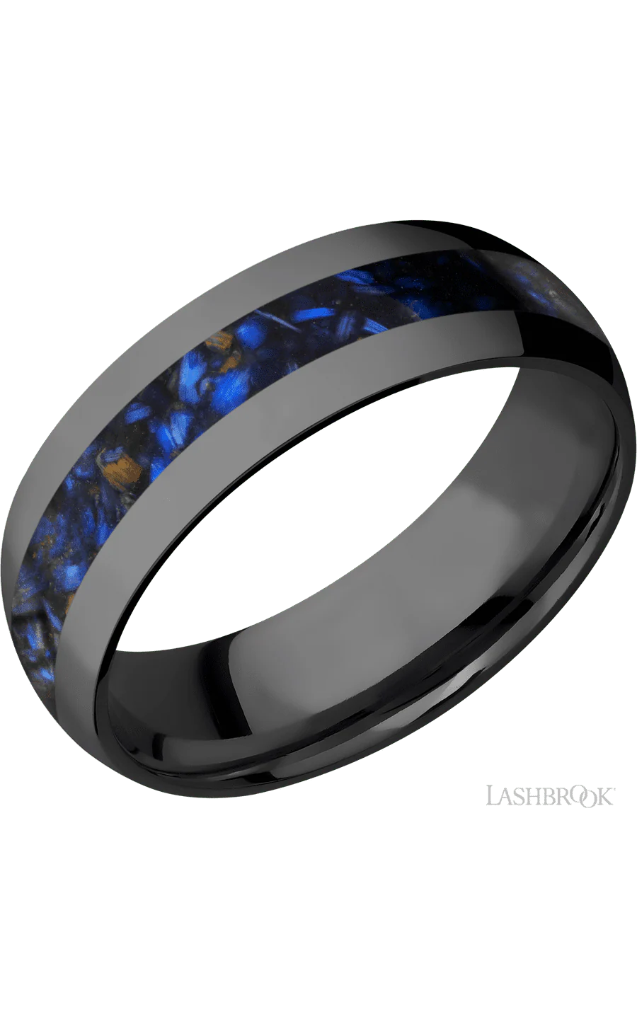 7 mm wide/Domed/Zirconium band with one 3 mm Centered inlay of Blue Tiger Eye.