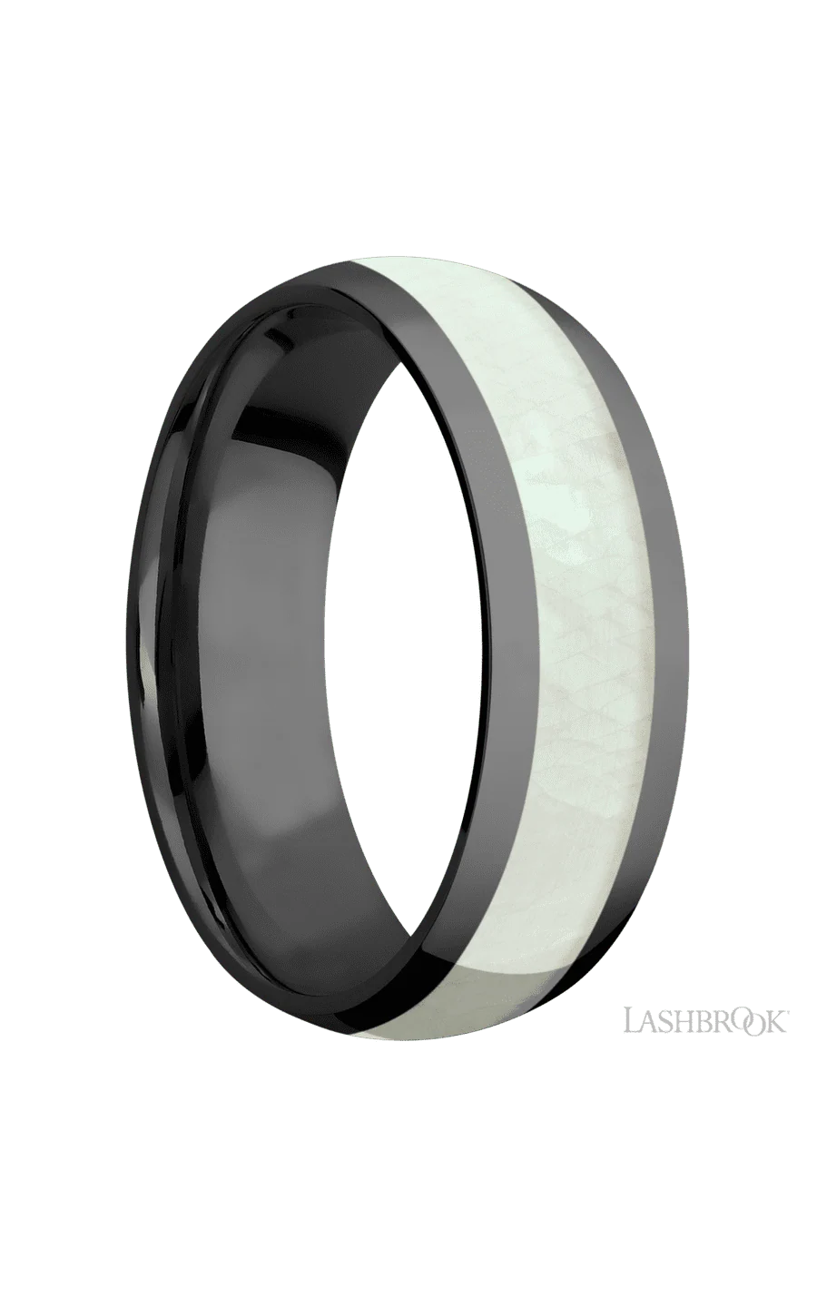 7 mm wide/Domed/Zirconium band with one 4 mm Centered inlay of Freshwater Mother of Pearl. - Image 2
