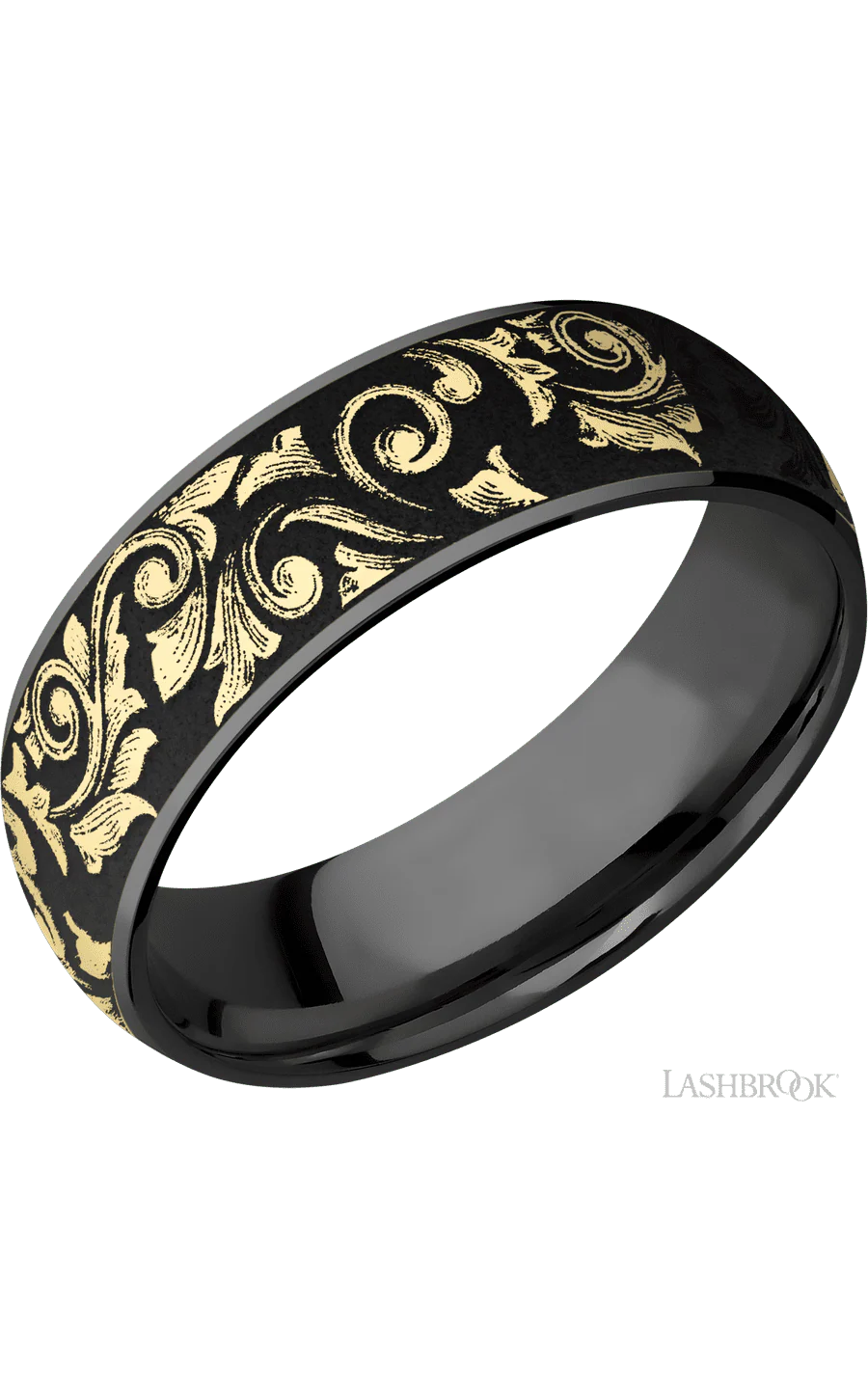 7 mm wide/Domed/Zirconium band with one 6 mm Centered inlay of 14K Yellow Gold with a laser carved Western Scroll pattern.
