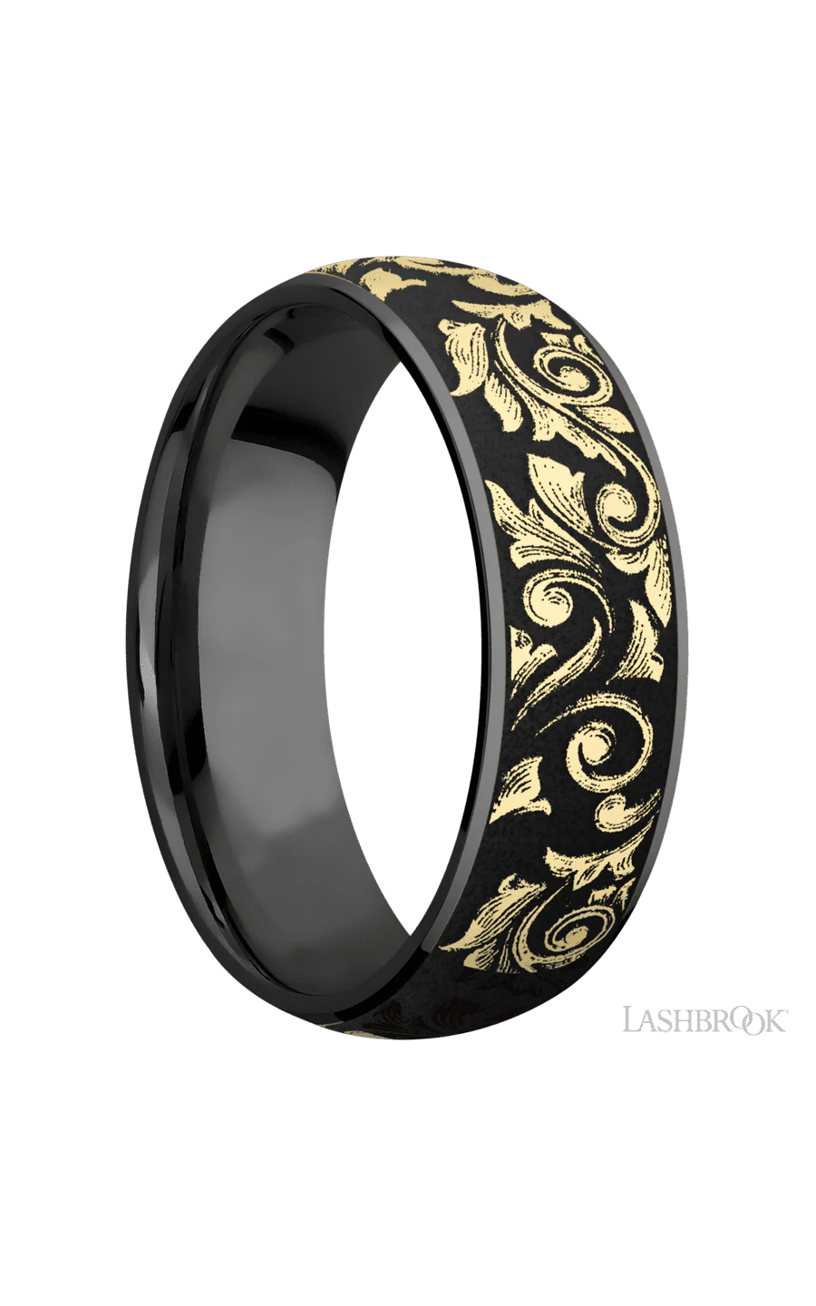 7 mm wide/Domed/Zirconium band with one 6 mm Centered inlay of 14K Yellow Gold with a laser carved Western Scroll pattern. - Image 2