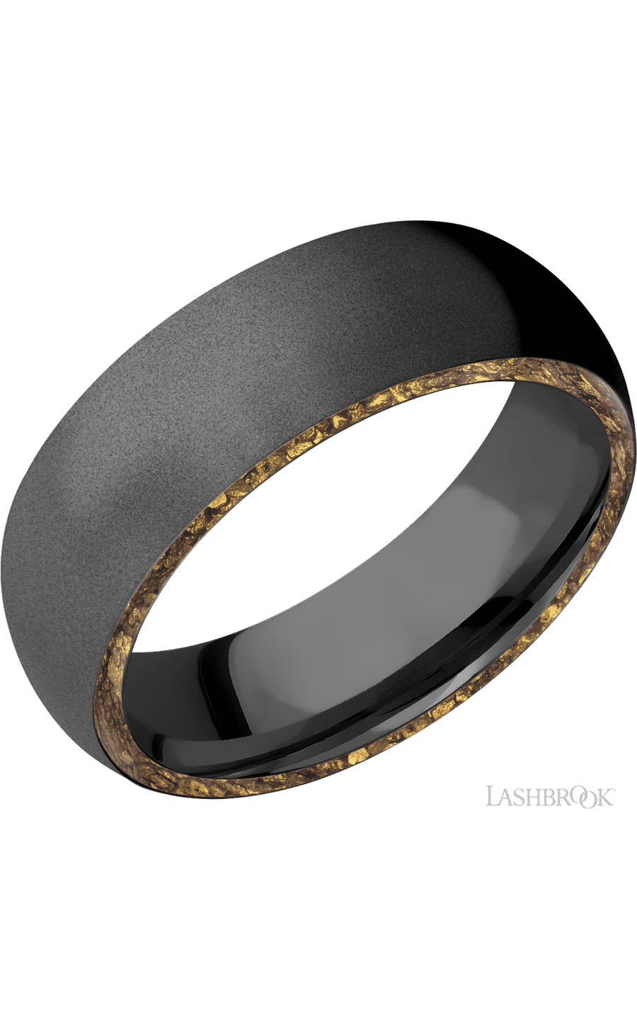 7 mm wide/Domed/Zirconium band with two 1 mm Side inlays of Alaskan Gold Nugget.