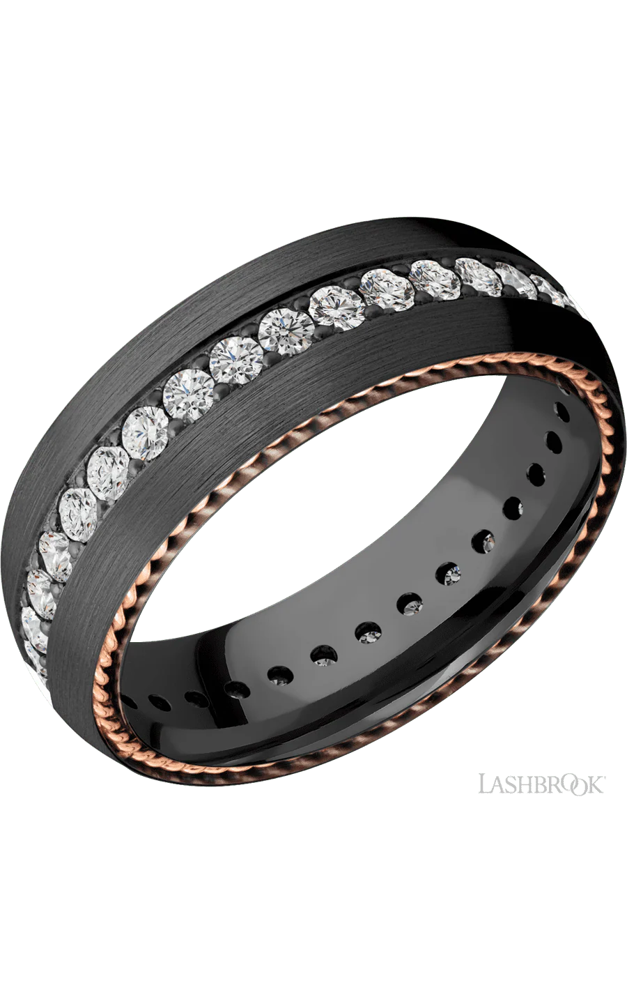 7 mm wide/Domed/Zirconium band with  two 1 mm Sidebraid inlays of 14K Rose Gold and featuring an Eternity arrangement of .03 carat Round Lab Grown Diamond stones in a Bead setting