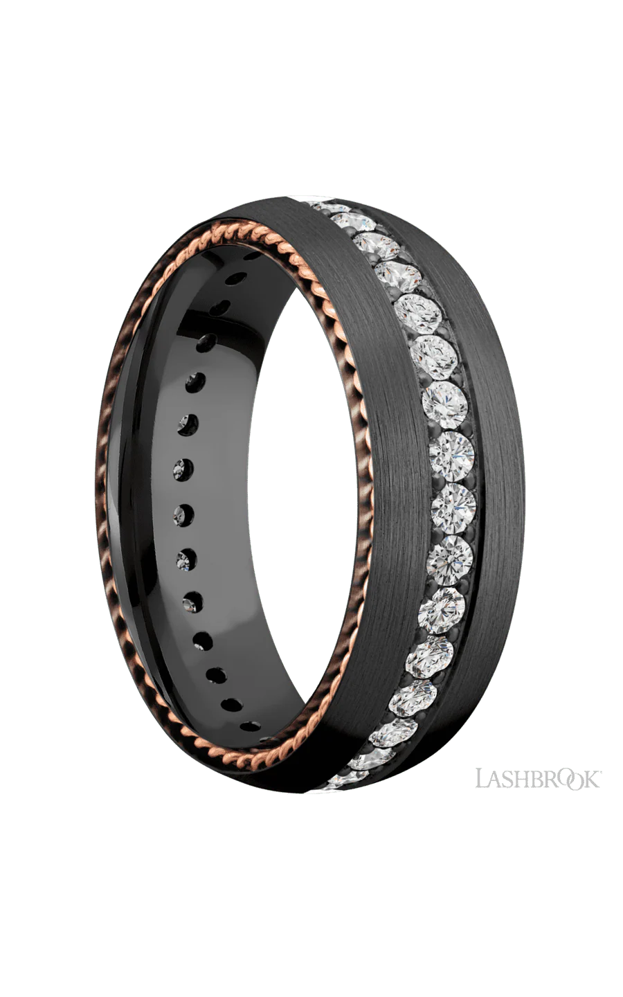 7 mm wide/Domed/Zirconium band with  two 1 mm Sidebraid inlays of 14K Rose Gold and featuring an Eternity arrangement of .03 carat Round Lab Grown Diamond stones in a Bead setting - Image 2
