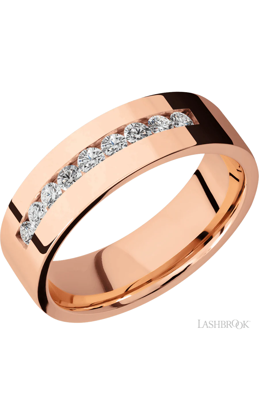 7 mm wide/Flat/14K Rose Gold band with an arrangement of 9, .05 carat Round Diamond stones in a Channel setting.