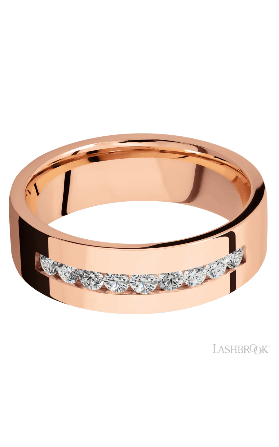7 mm wide/Flat/14K Rose Gold band with an arrangement of 9, .05 carat Round Diamond stones in a Channel setting. - Image 3
