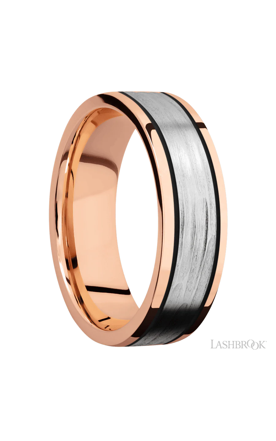 7 mm wide/Flat/14K Rose Gold band with one 4 mm Centered inlay of 14K White Gold. - Image 2