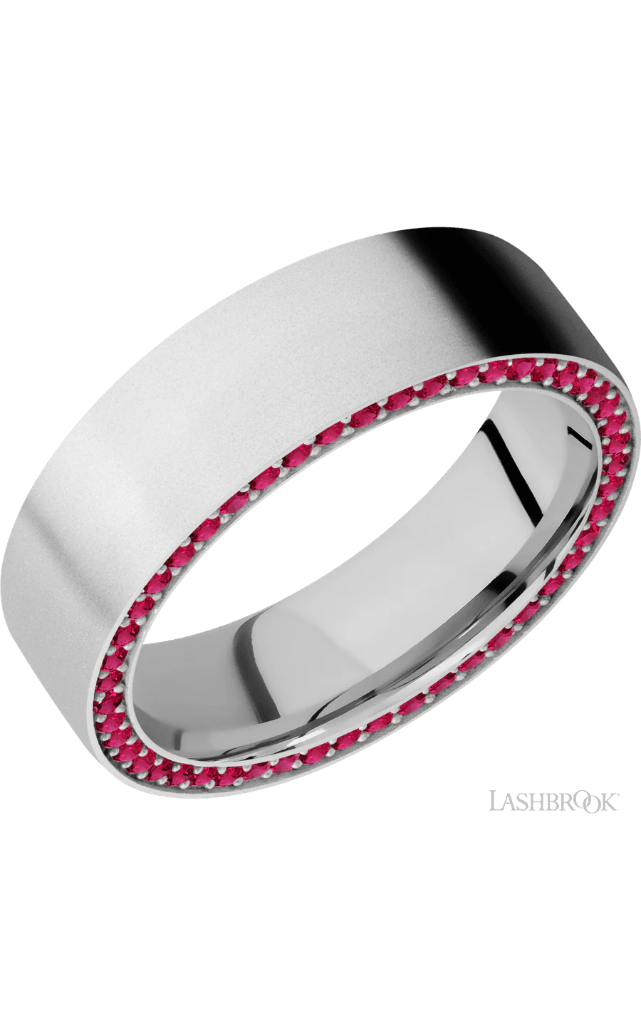 7 mm wide/Flat/14K White Gold band with a Side Eternity arrangement of .01 carat Round Ruby stones in a Bead Channel setting.