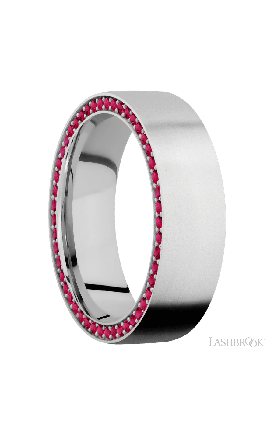 7 mm wide/Flat/14K White Gold band with a Side Eternity arrangement of .01 carat Round Ruby stones in a Bead Channel setting. - Image 2