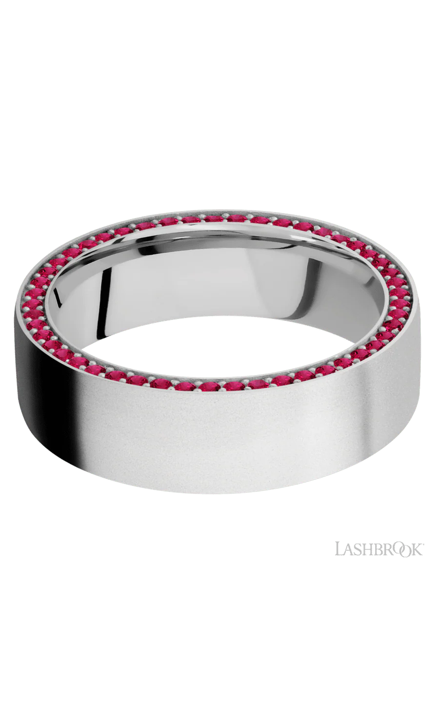 7 mm wide/Flat/14K White Gold band with a Side Eternity arrangement of .01 carat Round Ruby stones in a Bead Channel setting. - Image 3