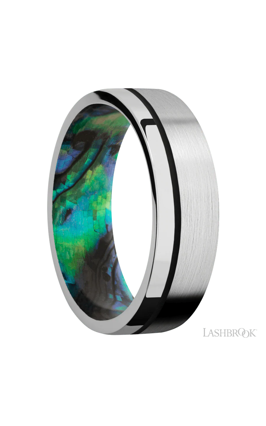 7 mm wide/Flat/14K White Gold band with one 0.5 mm Off Center inlay of Black also featuring a Abalone sleeve. - Image 2