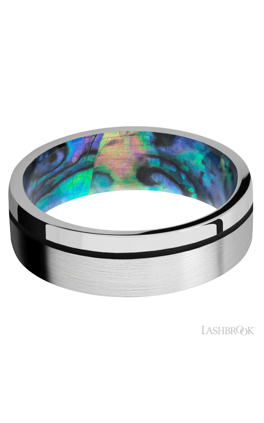 7 mm wide/Flat/14K White Gold band with one 0.5 mm Off Center inlay of Black also featuring a Abalone sleeve. - Image 3