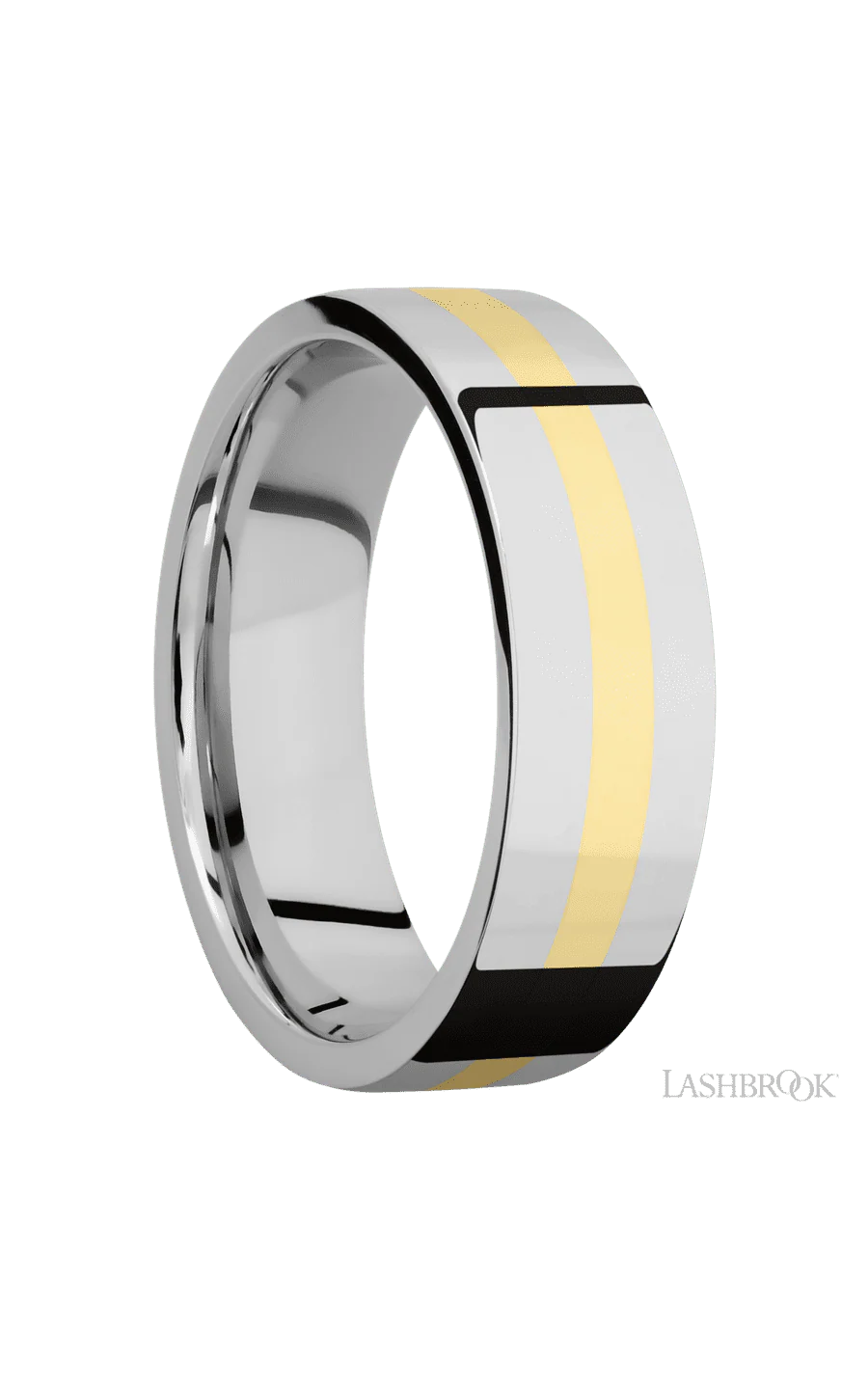 7 mm wide/Flat/14K White Gold band with one 2 mm Centered inlay of 14K Yellow Gold. - Image 2