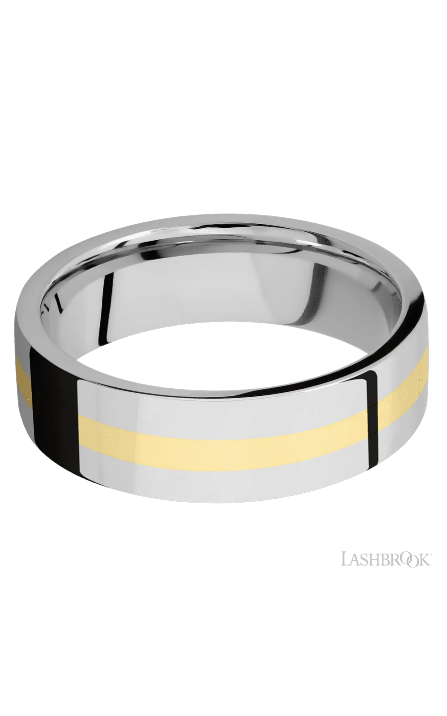 7 mm wide/Flat/14K White Gold band with one 2 mm Centered inlay of 14K Yellow Gold. - Image 3