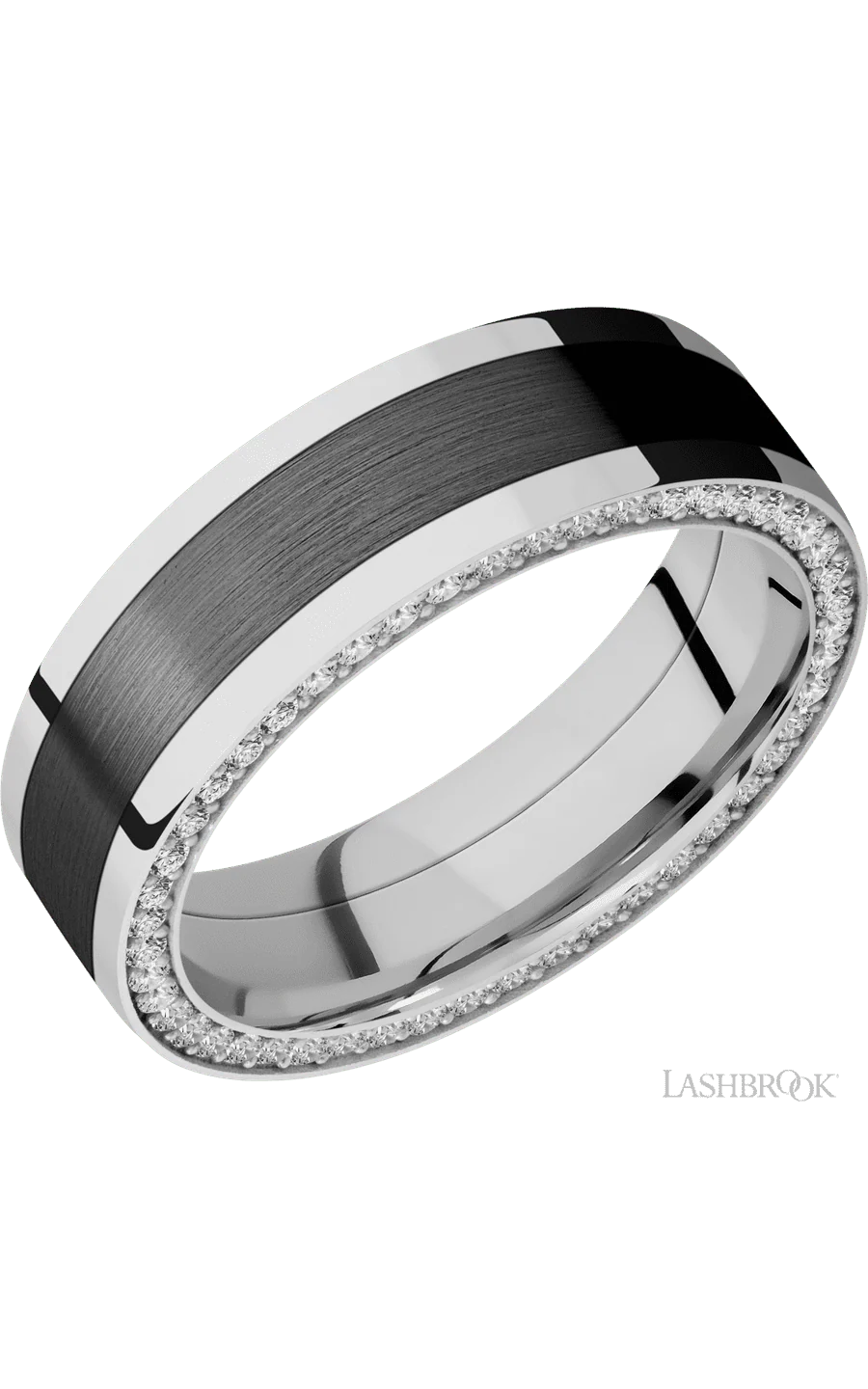 7 mm wide/Flat/14K White Gold band with  one 4 mm Centered inlay of Zirconium and featuring a Side Eternity arrangement of .01 carat Round Diamond stones in a Bead Channel setting