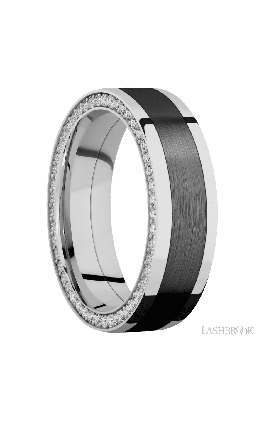 7 mm wide/Flat/14K White Gold band with  one 4 mm Centered inlay of Zirconium and featuring a Side Eternity arrangement of .01 carat Round Diamond stones in a Bead Channel setting - Image 2