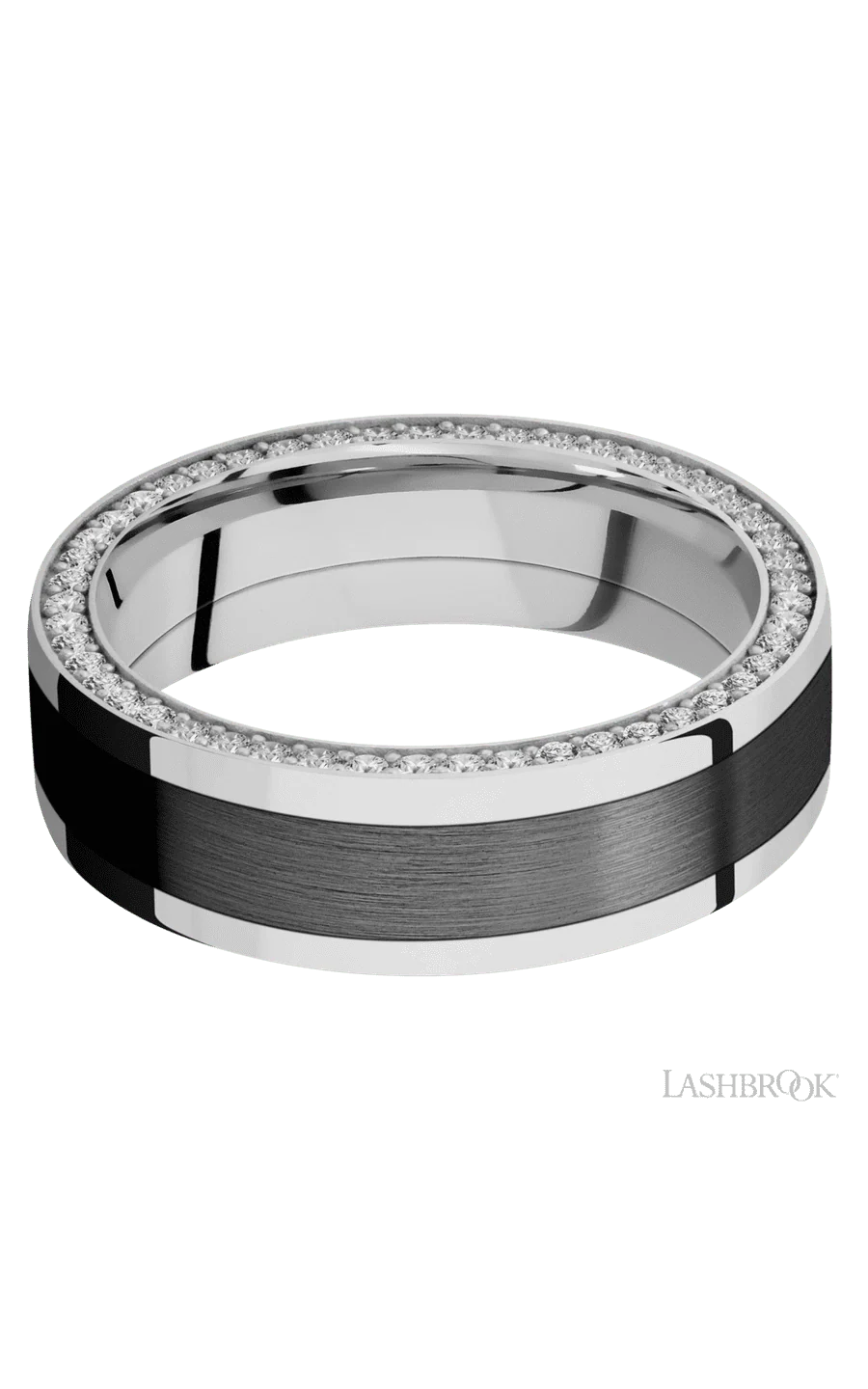 7 mm wide/Flat/14K White Gold band with  one 4 mm Centered inlay of Zirconium and featuring a Side Eternity arrangement of .01 carat Round Diamond stones in a Bead Channel setting - Image 3