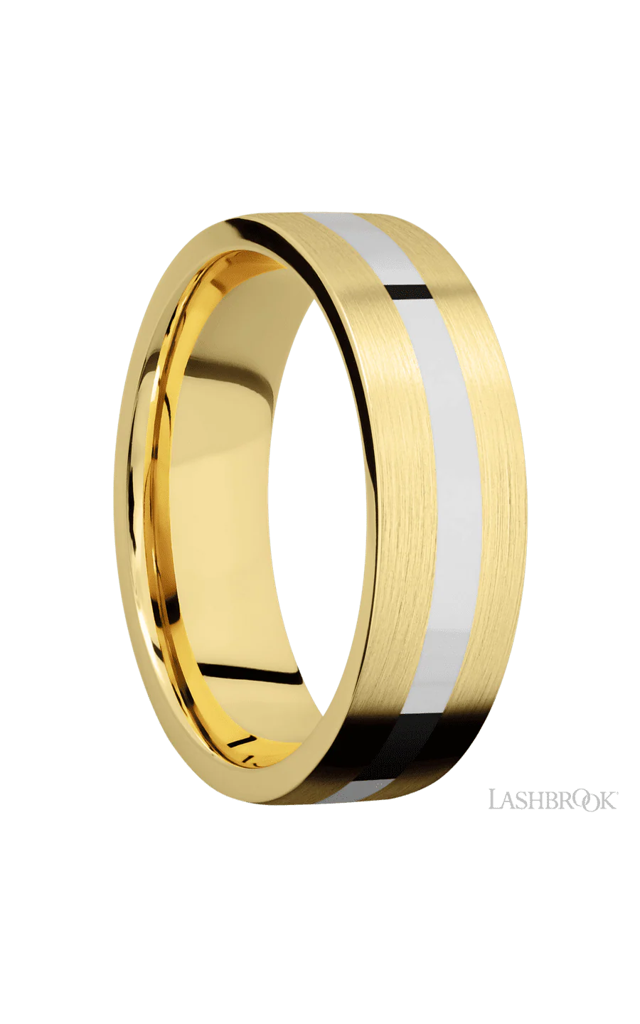 7 mm wide/Flat/14K Yellow Gold band with one 2 mm Centered inlay of 14K White Gold. - Image 2