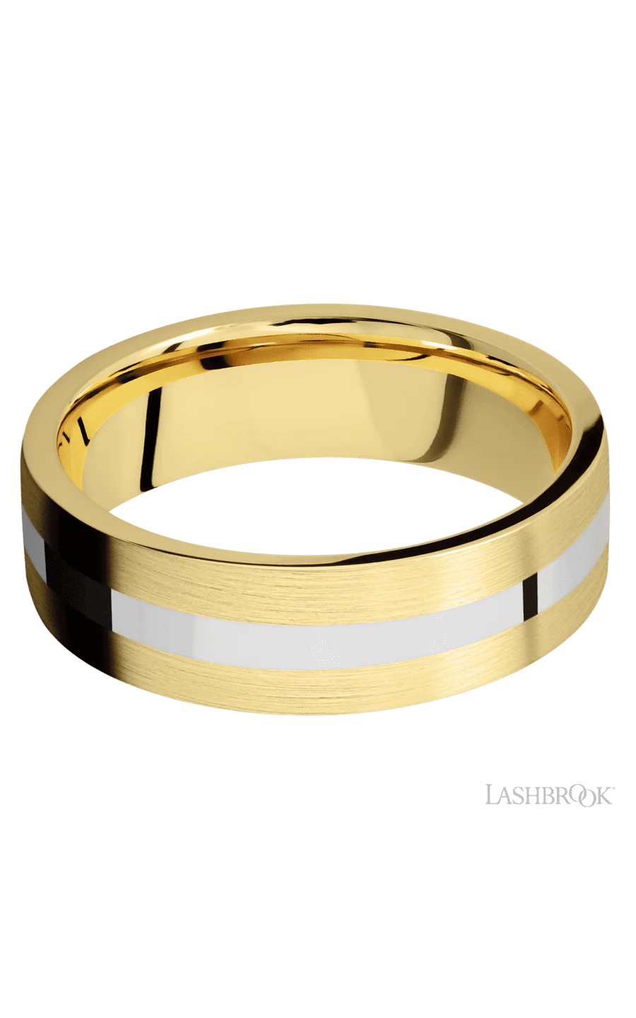7 mm wide/Flat/14K Yellow Gold band with one 2 mm Centered inlay of 14K White Gold. - Image 3