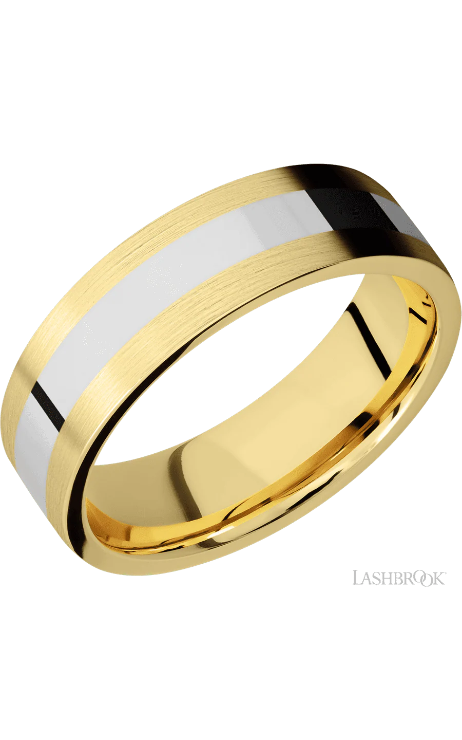 7 mm wide/Flat/14K Yellow Gold band with one 3 mm Centered inlay of 14K White Gold.