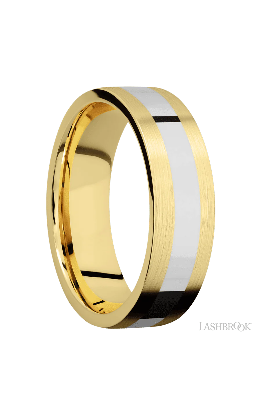 7 mm wide/Flat/14K Yellow Gold band with one 3 mm Centered inlay of 14K White Gold. - Image 2