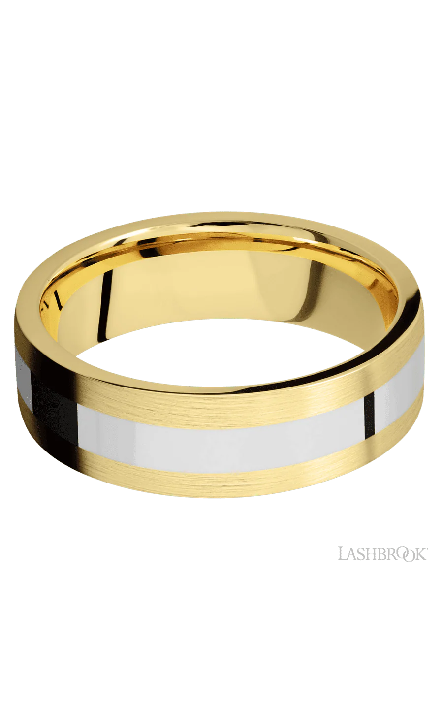7 mm wide/Flat/14K Yellow Gold band with one 3 mm Centered inlay of 14K White Gold. - Image 3