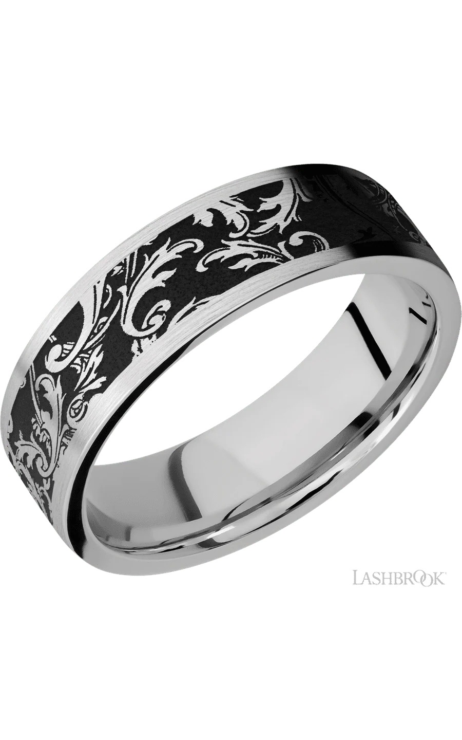 7 mm wide/Flat/Cobalt Chrome band with a laser carved Black Leaf pattern.