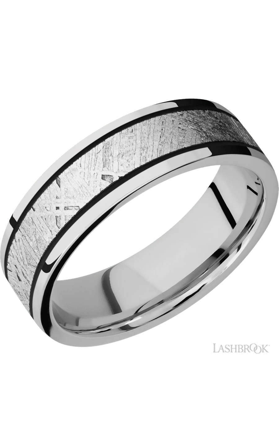 7 mm wide/Flat/Cobalt Chrome band with one 4 mm Centered inlay of Meteorite.