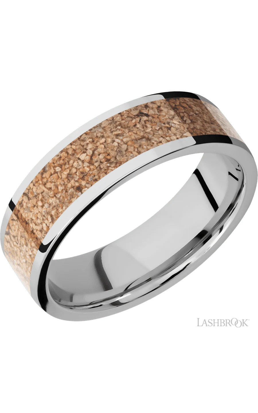 7 mm wide/Flat/Cobalt Chrome band with one 5 mm Centered inlay of Dinosaur Bone Tan.