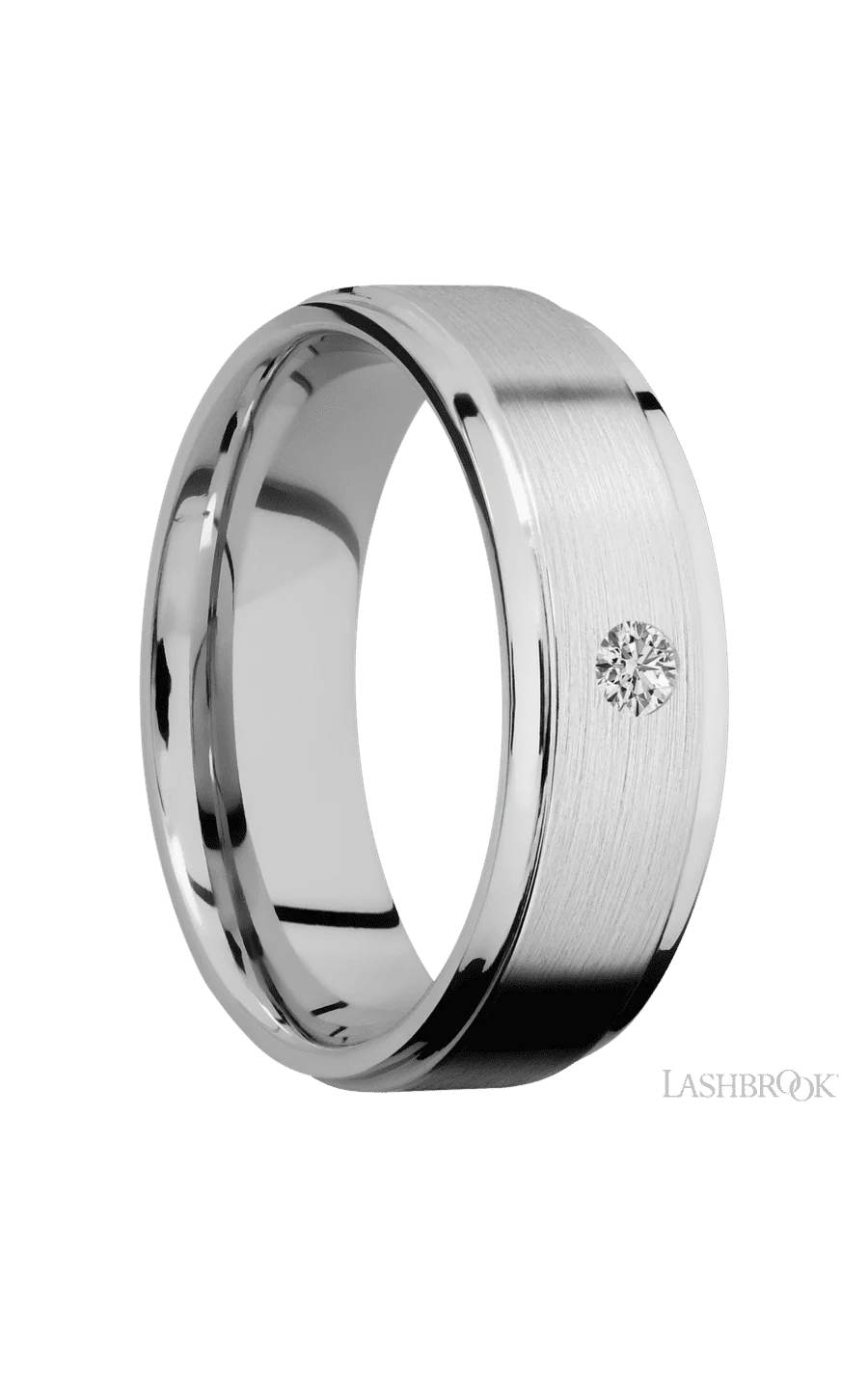 7 mm wide/Flat Grooved Edges/14K White Gold band with an arrangement of 1, .1 carat Round Diamond stones in a Flush setting. - Image 2